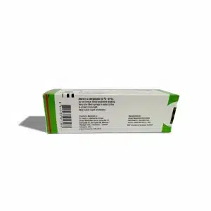 A rectangular PROLIA® box with a white, green, and red design is shown from the back, featuring storage instructions and manufacturer details in black text against a plain white background.