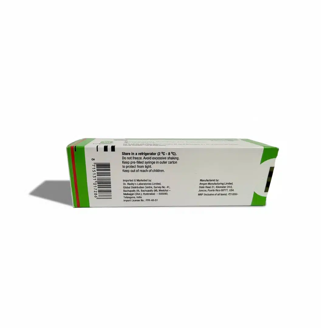 A rectangular PROLIA® box with a white, green, and red design is shown from the back, featuring