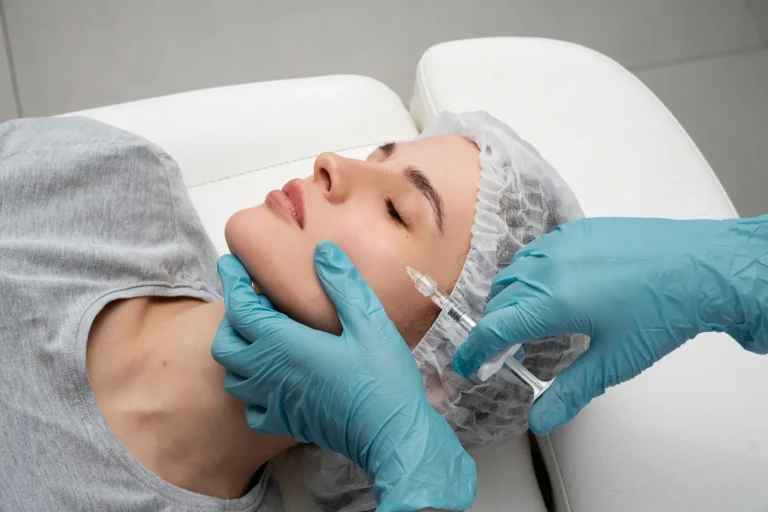 A woman is lying on a white medical bed wearing a hair cap. A person in blue gloves is administering an injection into her cheek. She appears calm, and the setting is clinical.