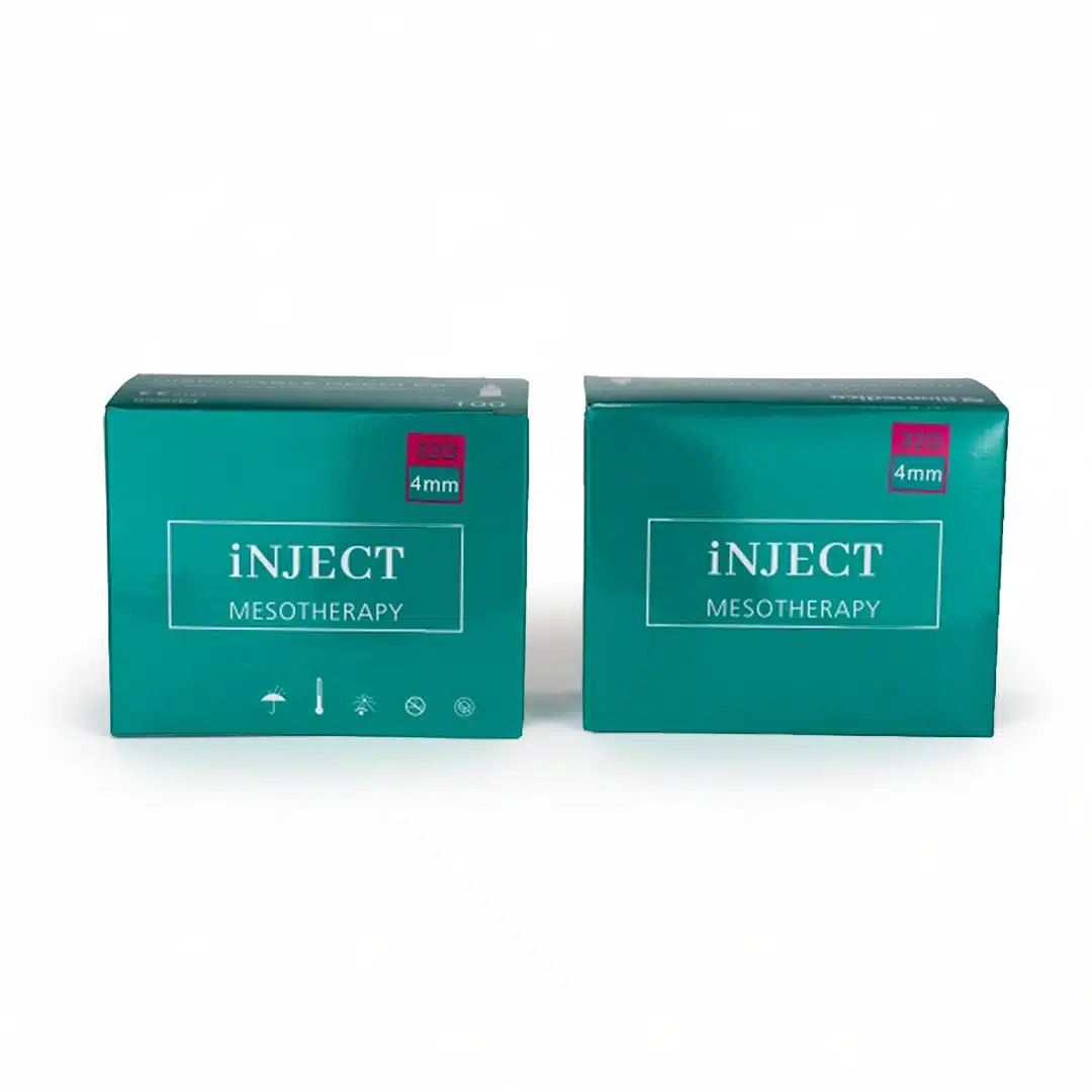 Two teal-green boxes labeled "BIOMEDICO 32G - 4mm" stand side by side against a white background