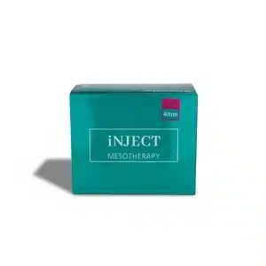 A teal box labeled "BIOMEDICO 32G - 4mm" has a small pink sticker in the top right corner showing "32G 4mm," set on a white background with a shadow on the left.