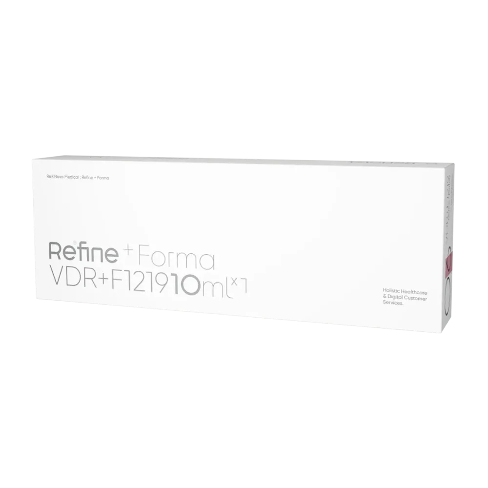 A white rectangular product box labeled "REFINE + FORMA" features minimalist gray text and branding.