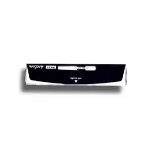 A black and white WEGOVY® FLEXTOUCH® 2.4mg (Italian) injection pen box, shown horizontally with the pen visible at the center and labeled instructions below.