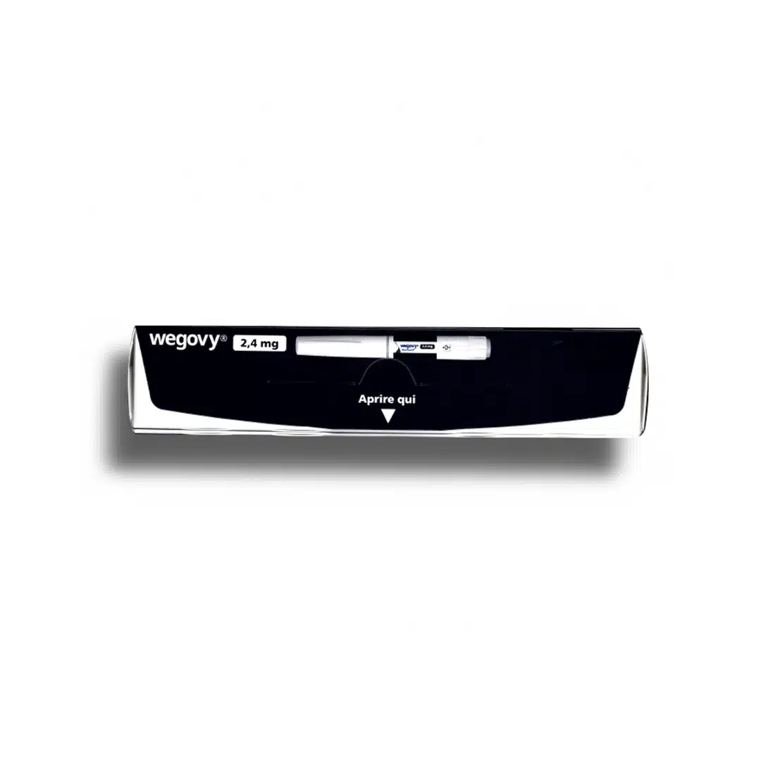 A black and white WEGOVY® FLEXTOUCH® 2.4mg (Italian) injection pen box, shown horizontally with the