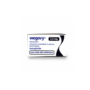 A white box labeled "WEGOVY® FLEXTOUCH® 2.4mg" in Italian, indicating it’s a weekly pre-filled semaglutide injection pen.