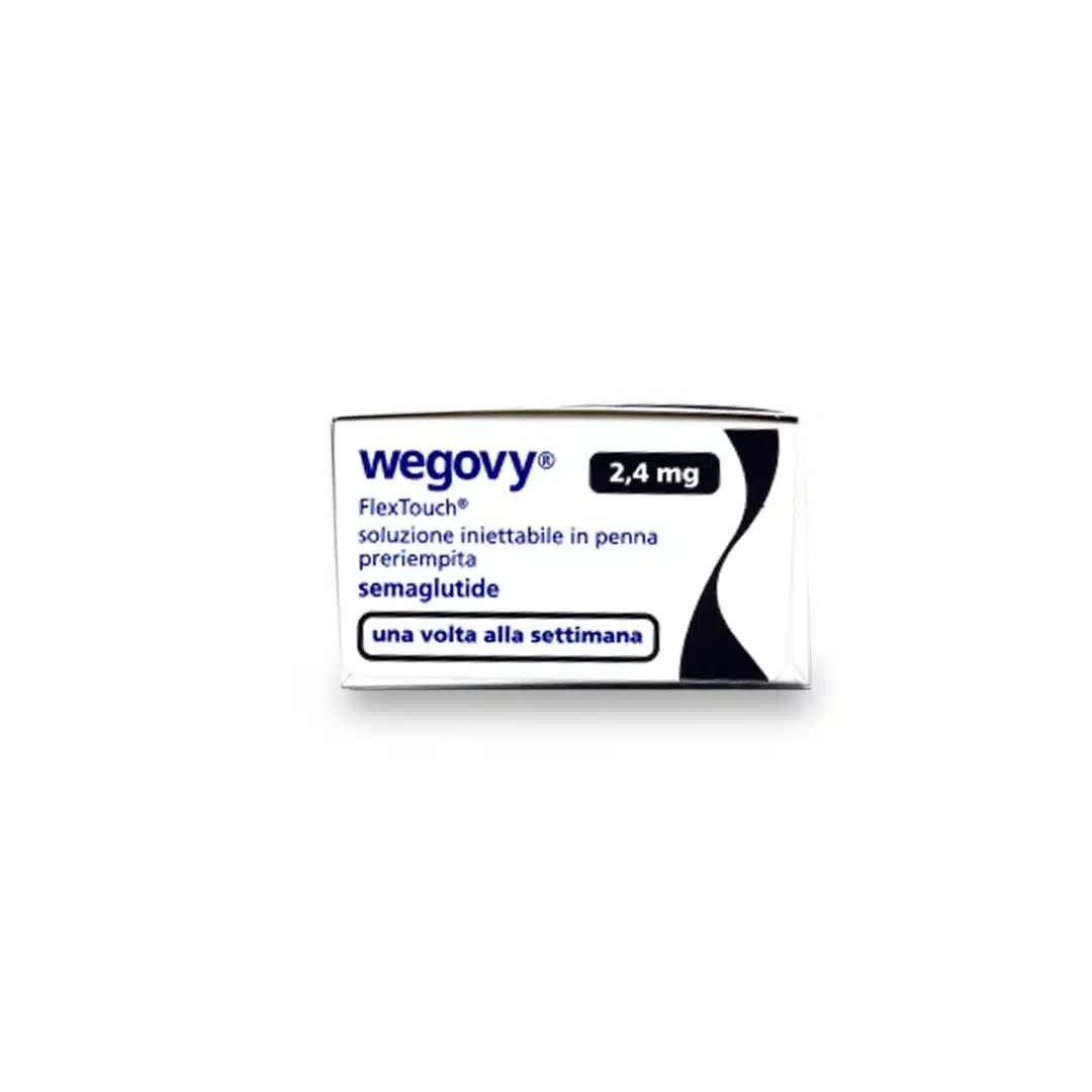 A white box labeled "WEGOVY® FLEXTOUCH® 2.4mg" in Italian, indicating it’s a weekly pre-filled