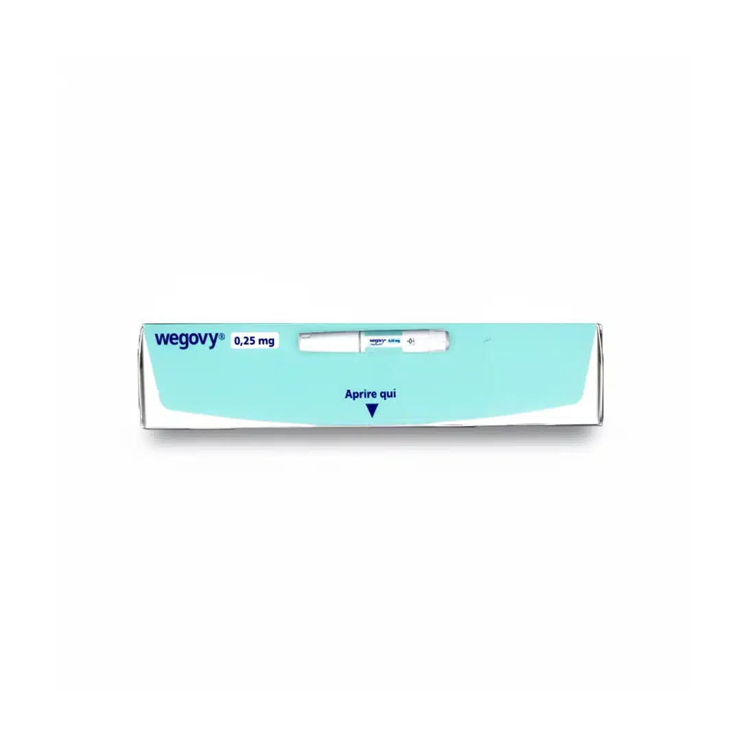 A box of WEGOVY® FLEXTOUCH® 0.25mg (Italian prescription) is shown on a white background, featuring