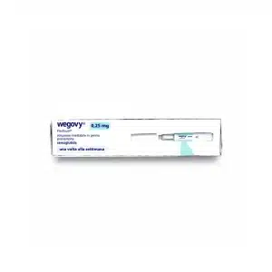 A box of WEGOVY® FLEXTOUCH® 0.25mg (Italian), featuring Italian text, an image of the injection pen, and dosing details on the packaging.
