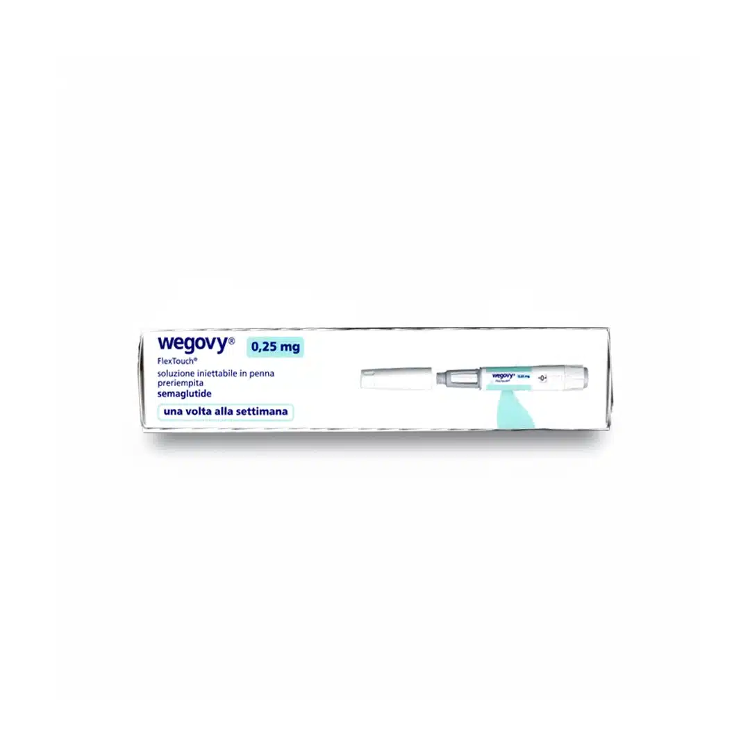A box of WEGOVY® FLEXTOUCH® 0.25mg (Italian), featuring Italian text, an image of the injection