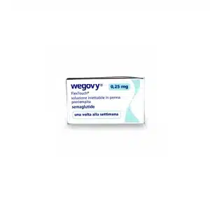 A box of WEGOVY® FLEXTOUCH® 0.25mg (Italian) for weight management, featuring blue and turquoise text and graphics on a white background.