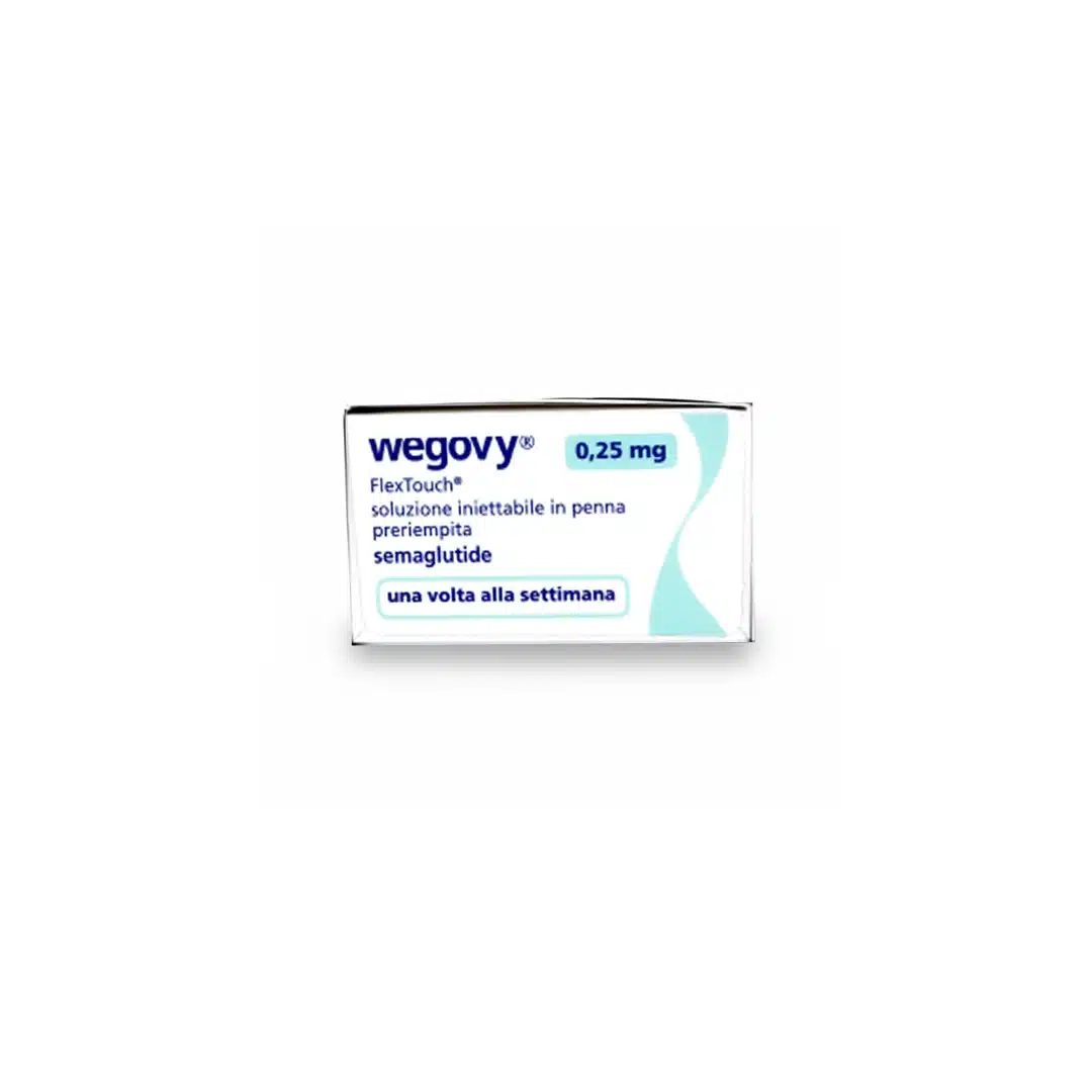 A box of WEGOVY® FLEXTOUCH® 0.25mg (Italian) for weight management, featuring blue and turquoise