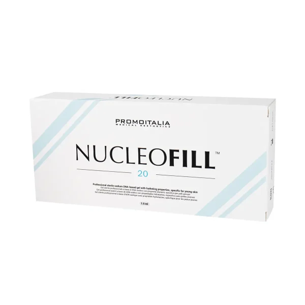 A white rectangular box labeled "NUCLEOFILL™ 20" with light blue diagonal stripes and black text, indicating a professional skincare product for young skin by Promed Italia.