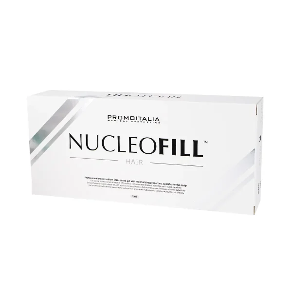 A white rectangular box labeled "NUCLEOFILL® HAIR" with a minimalist design, silver diagonal accents, and product information on the front.