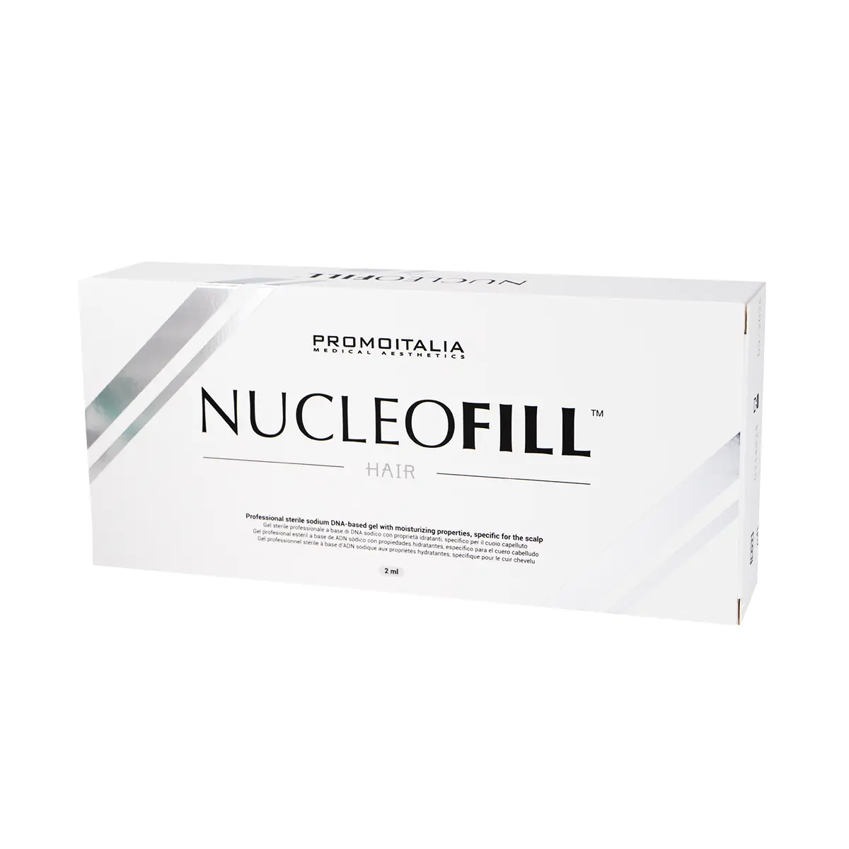A white rectangular box labeled "NUCLEOFILL® HAIR" with a minimalist design, silver diagonal accents, and product information on the front.
