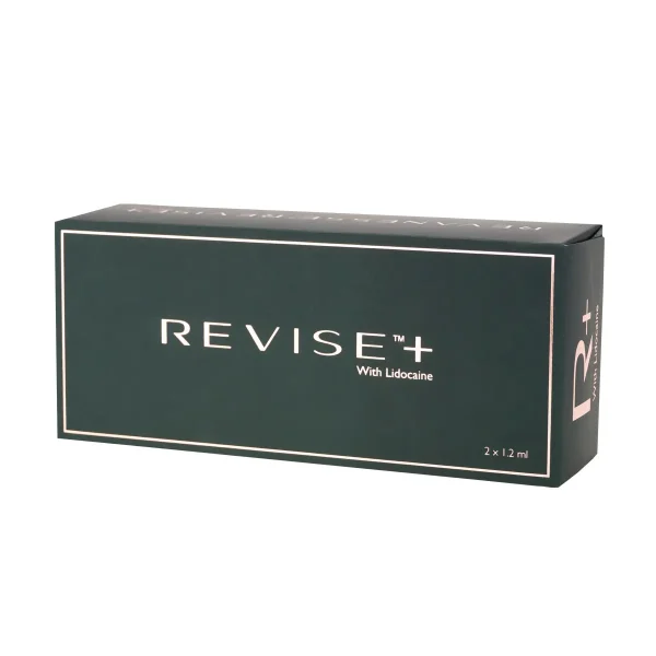 A dark green box labeled "REVANESSE® REVISE™ with Lidocaine," with white text and borders, displaying a volume of 2 x 1.2 ml.
