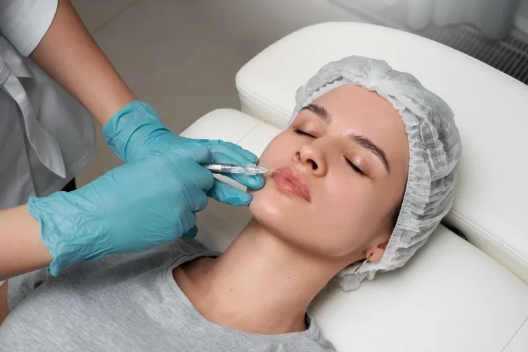 A person wearing a hairnet lies on a clinic bed while a medical professional in blue gloves injects a syringe into their upper lip, suggesting a cosmetic procedure such as lip fillers.