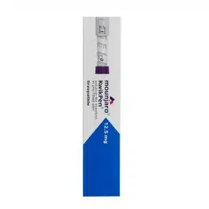 A white and blue box with "MOUNJARO® 12.5mg KwikPen®, 1 Stk." label and a purple cap, indicating it contains tirzepatide injection for subcutaneous use.