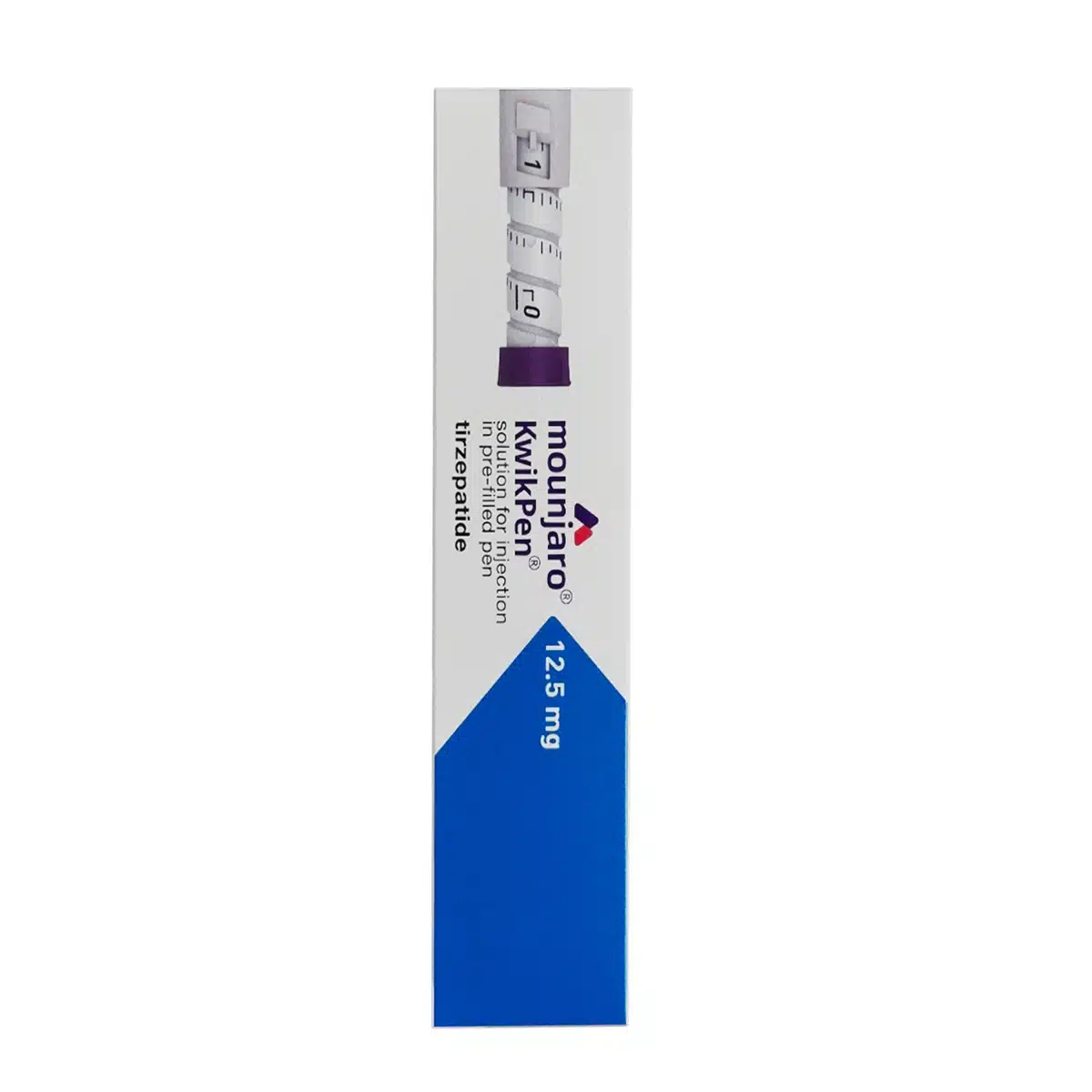 A white and blue box with "MOUNJARO® 12.5mg KwikPen®, 1 Stk." label and a purple cap, indicating it