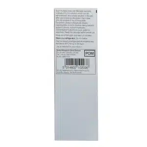 The side of the MOUNJARO® 5mg KwikPen®, 1 Stk. box features printed instructions, storage directions, a barcode, and the letters "POM" displayed in a box.