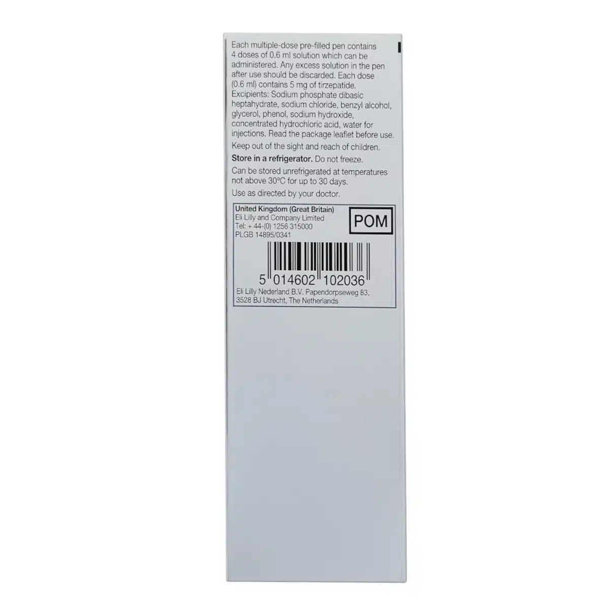 The side of the MOUNJARO® 5mg KwikPen®, 1 Stk. box features printed instructions, storage