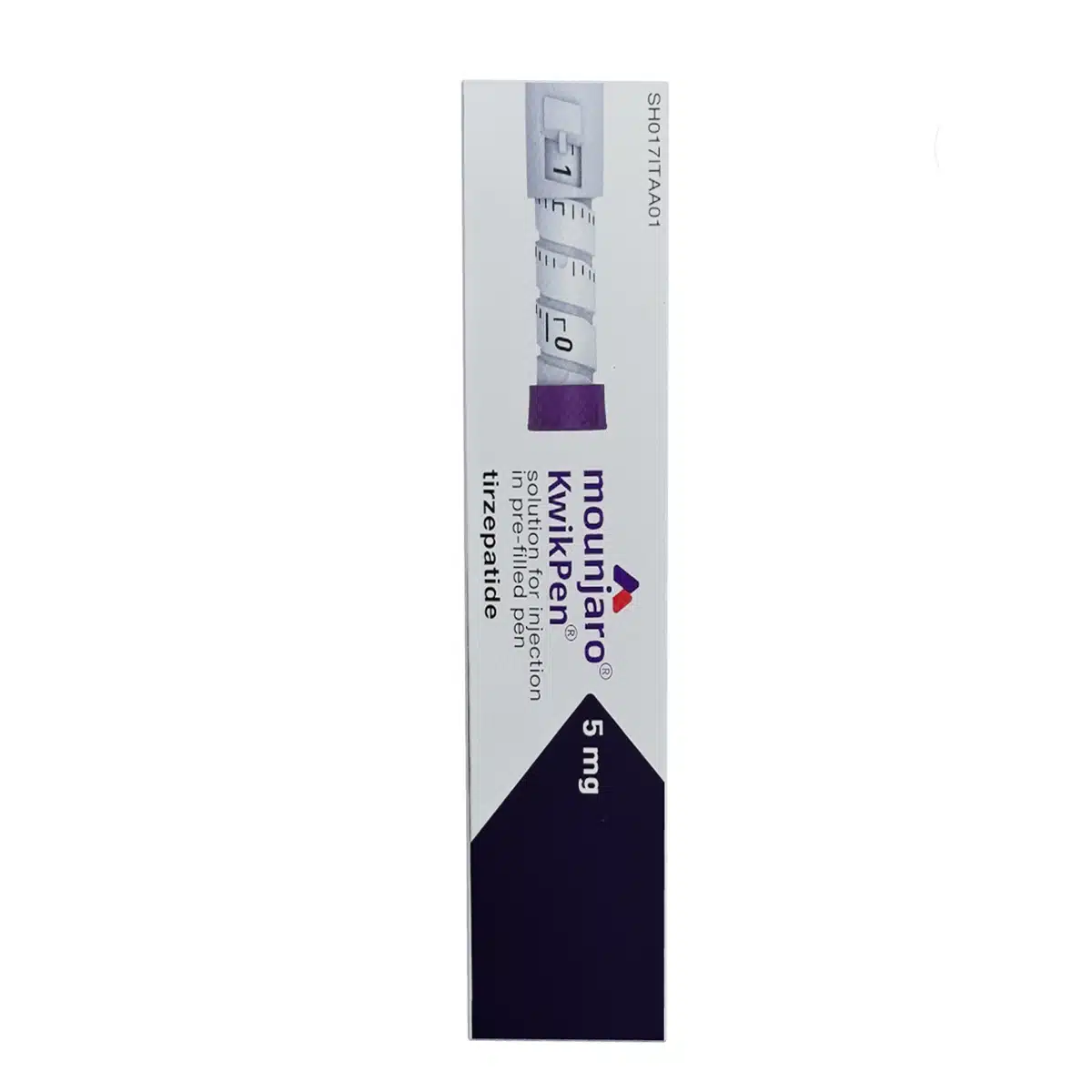A white and purple box labeled “MOUNJARO® 5mg KwikPen®, 1 Stk.” contains tirzepatide injection. The
