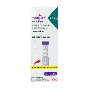 Front of a MOUNJARO® 7.5mg KwikPen® box, showing dosage, usage instructions for once-weekly tirzepatide injection (1 Stk.), and Lilly branding at the bottom.