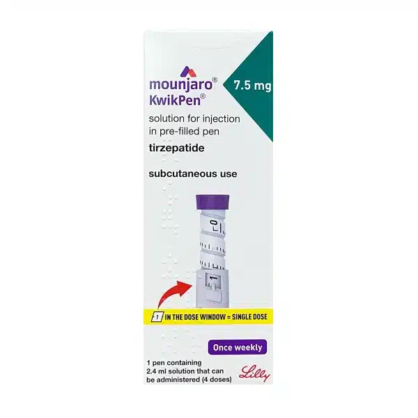 Front of a MOUNJARO® 7.5mg KwikPen® box, showing dosage, usage instructions for once-weekly tirzepatide injection (1 Stk.), and Lilly branding at the bottom.