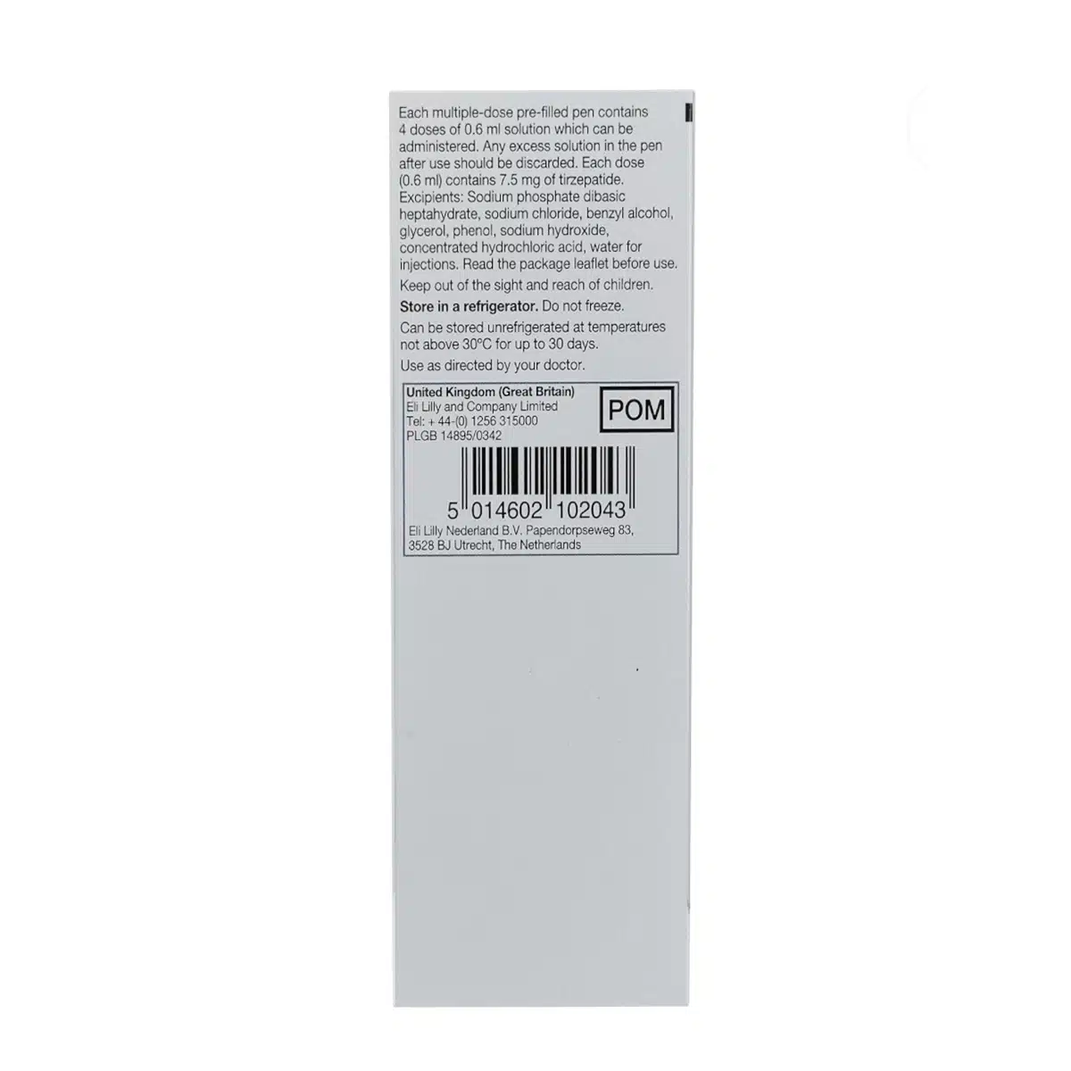 The back of a MOUNJARO® 7.5mg KwikPen®, 1 Stk. box showing text on dosage, storage, manufacturer