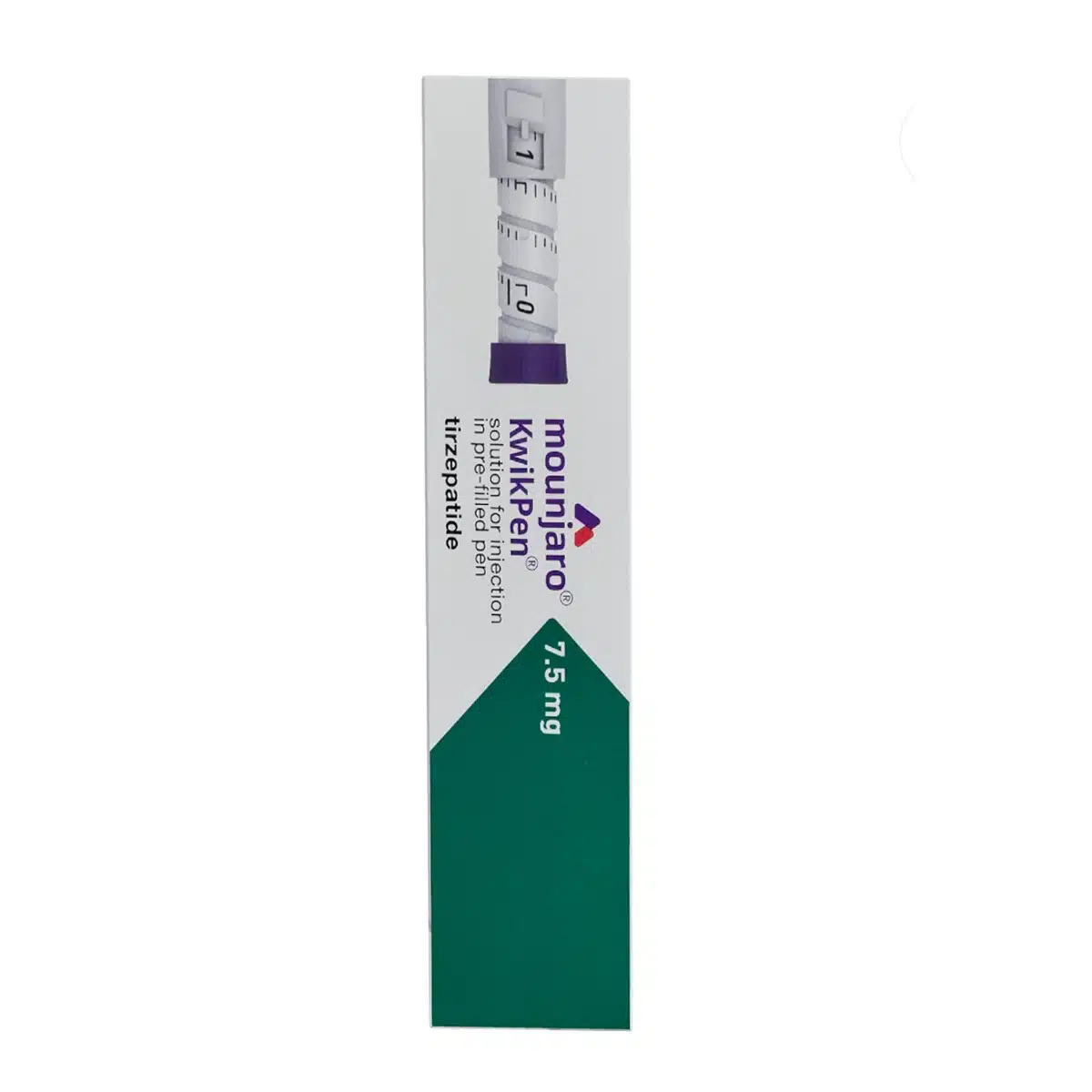 Box of MOUNJARO® 7.5mg KwikPen®, 1 Stk., featuring purple and green colors, labeled as a