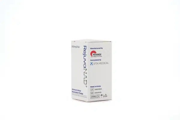 A white box of REJUVANAD+ with blue and black text, featuring Penmix and Vita Medical logos, labeled as advanced cellular replacement therapy, photographed on a white background.