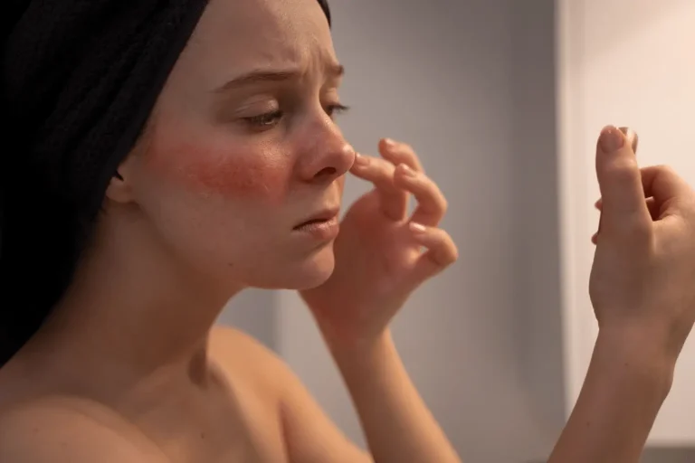 A person with a towel wrapped around their head examines their face in the mirror, showing visible redness on their cheek, likely indicating skin irritation or a rash.