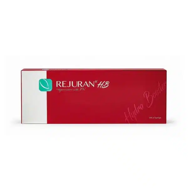 A red and white box labeled “REJURAN® HB” featuring a green leaf logo, described as a “Hydro Booster” and promoting “Regeneration with PDRN.”.
