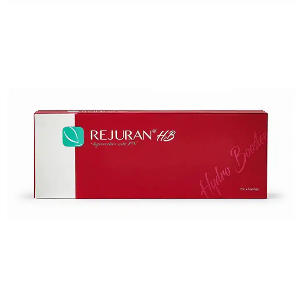 A red and white box labeled “REJURAN® HB” featuring a green leaf logo, described as a “Hydro Booster” and promoting “Regeneration with PDRN.”.