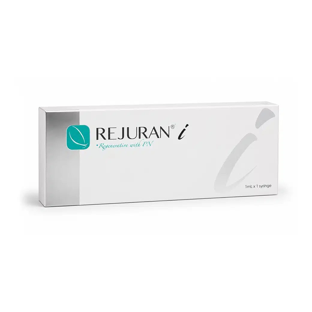 A minimal white and silver box labeled “REJURAN® I,” featuring teal and gray accents, containing 1 mL × 1 syringe.