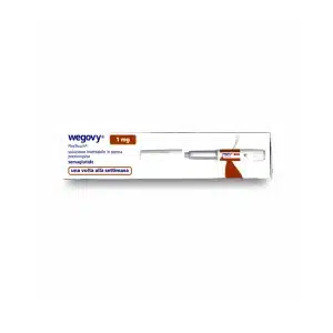 A box of WEGOVY® FLEXTOUCH® 1mg (Italian), an injectable prescription pen with Italian text indicating weekly use. The pen is partially visible on the right side of the box.