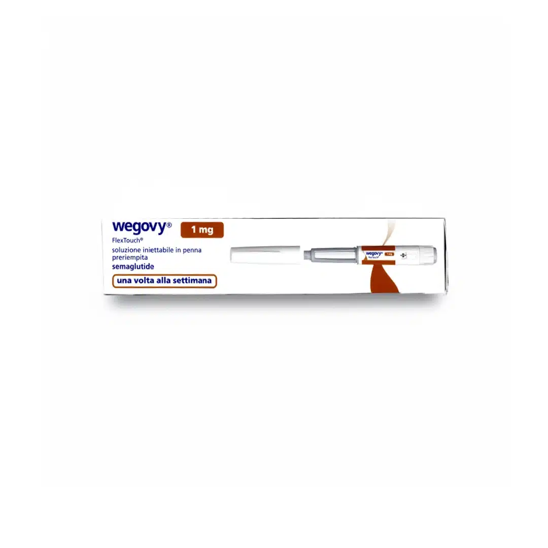 A box of WEGOVY® FLEXTOUCH® 1mg (Italian), an injectable prescription pen with Italian text