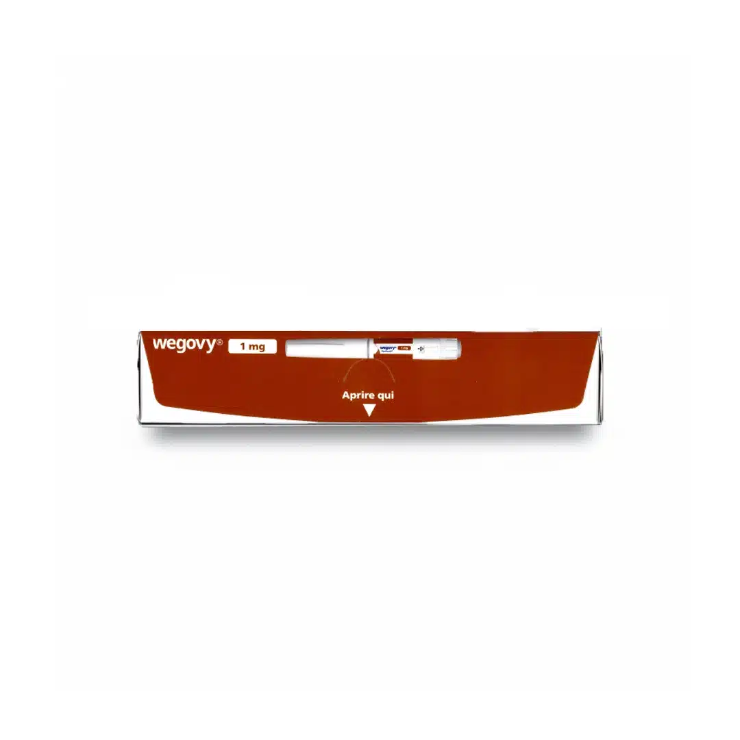 A white and red WEGOVY® FLEXTOUCH® 1mg (Italian) box with a pen injector visible through a window