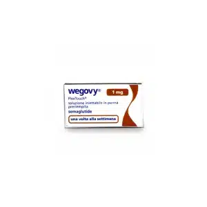 A box of WEGOVY® FLEXTOUCH® 1mg (Italian) features labeling in Italian with "una volta alla settimana" and "semaglutide" on the front.