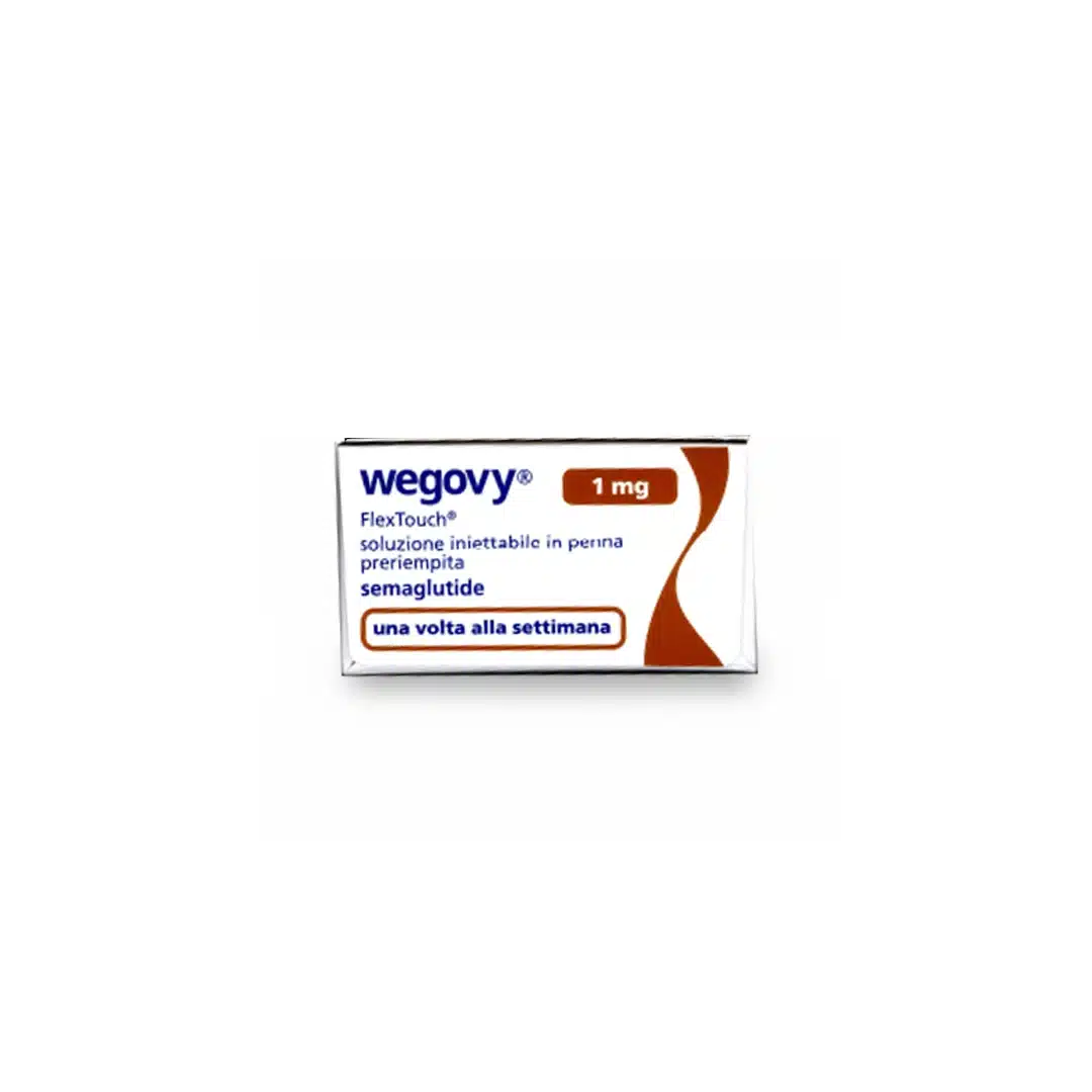 A box of WEGOVY® FLEXTOUCH® 1mg (Italian) features labeling in Italian with "una volta alla