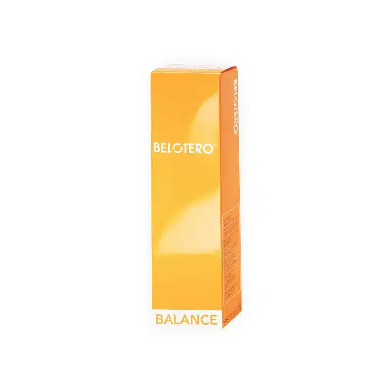 A tall, rectangular orange and yellow box labeled "BELOTERO® BALANCE" stands upright against a