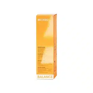 A tall, rectangular orange box labeled "BELOTERO® BALANCE" stands upright against a white background, showing product details on its side.