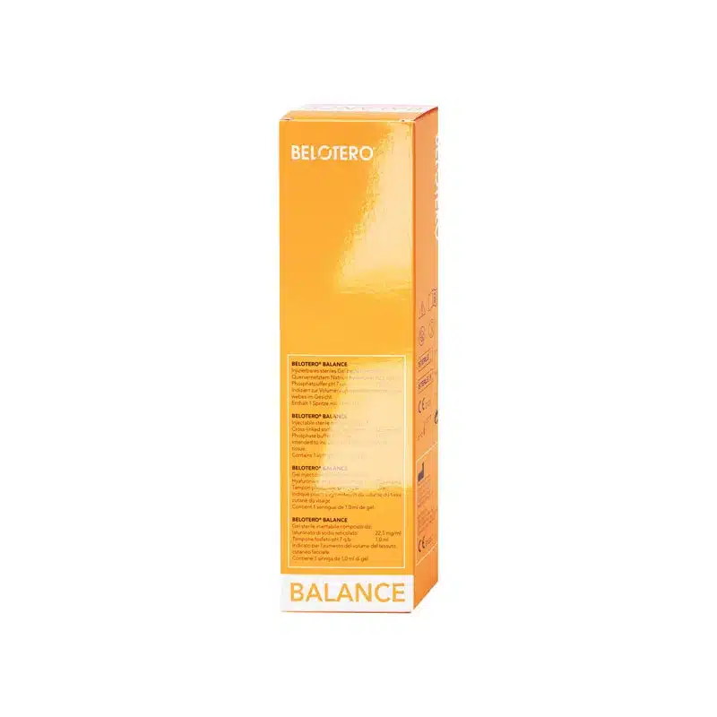 A tall, rectangular orange box labeled "BELOTERO® BALANCE" stands upright against a white