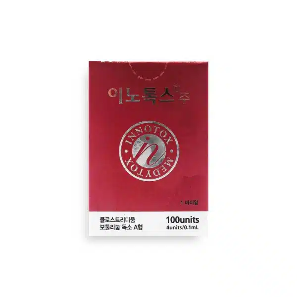 A red box labeled "INNOTOX® 100u" with silver and white text, Korean characters at the top, states "100 units, 4 units/0.1 mL," and features a circular logo in the center.