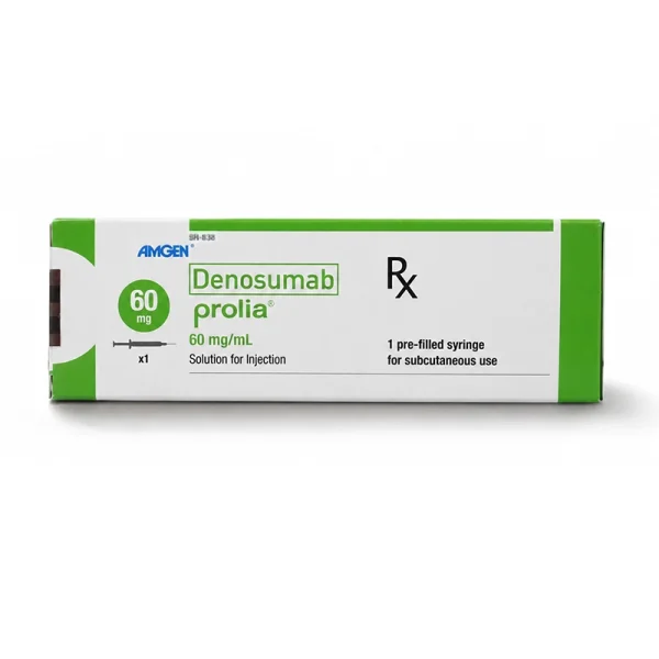 A white and green box labeled "PROLIA®" (International English) by Amgen, containing a pre-filled syringe for injection and marked with an Rx symbol, indicating it is prescription medication.