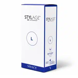 STYLAGE Bi-Bi-FLEX L is a dermal filler that uses IPN-Like Technology. The box is white with blue accents and features the brand logo, product name, and 'L' indicating the size.
