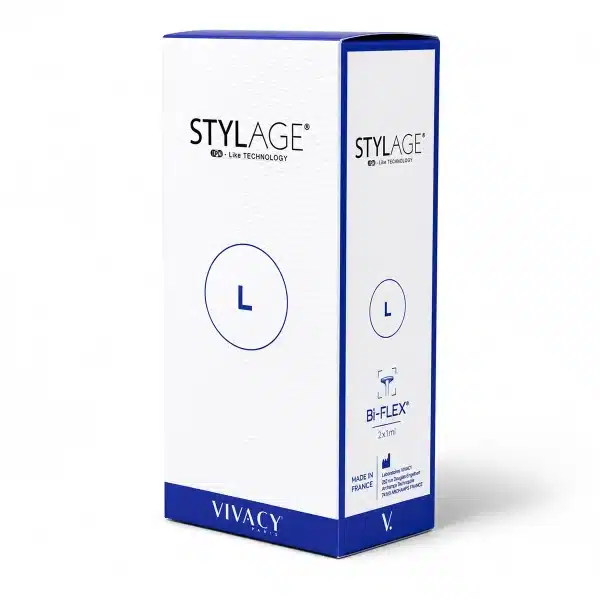 STYLAGE Bi-Bi-FLEX L is a dermal filler that uses IPN-Like Technology. The box is white with blue accents and features the brand logo, product name, and 'L' indicating the size.