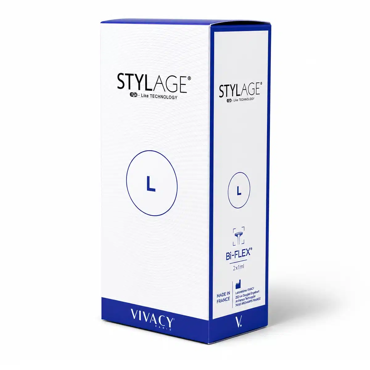 STYLAGE Bi-Bi-FLEX L is a dermal filler that uses IPN-Like Technology. The box is white with blue accents and features the brand logo, product name, and 'L' indicating the size.