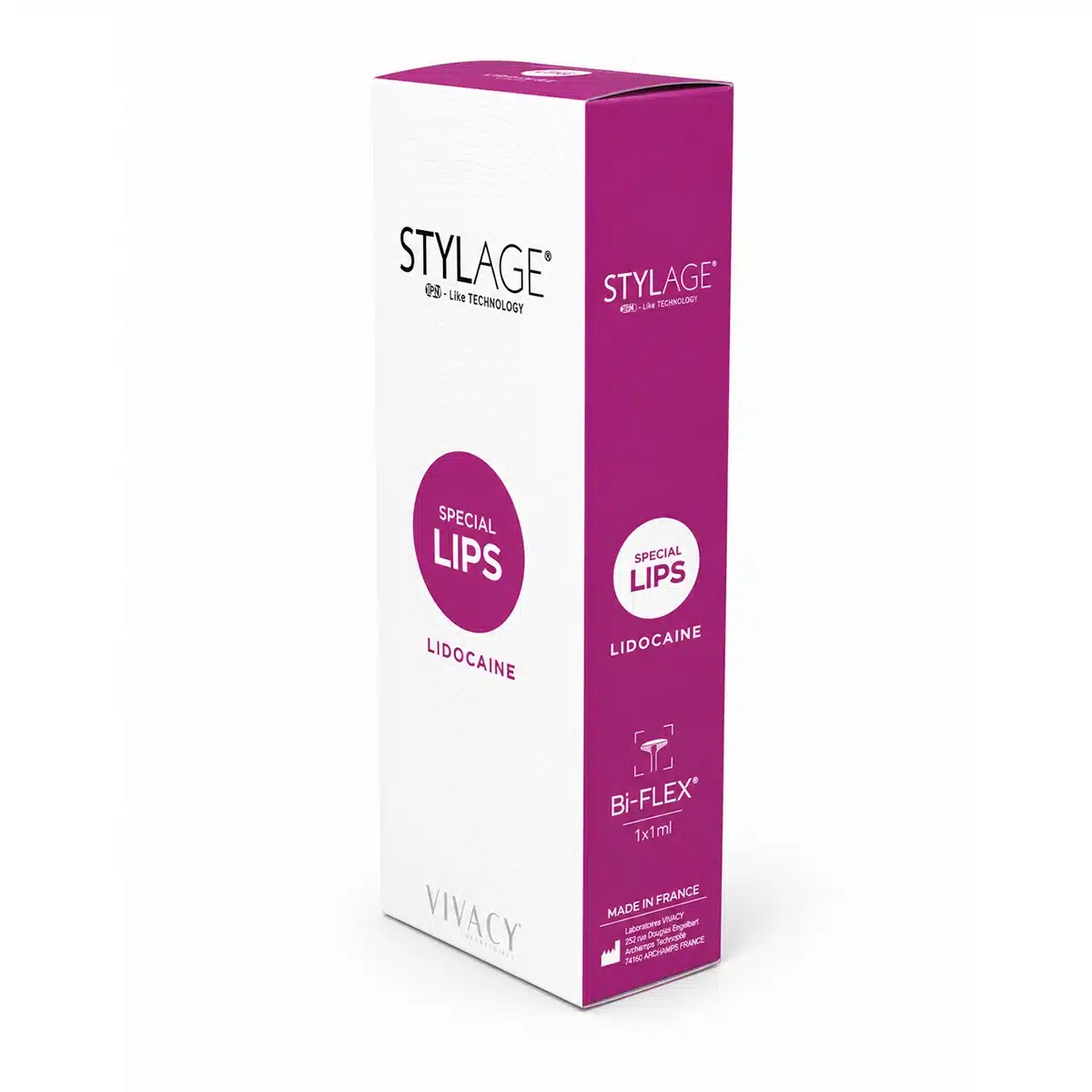 Box of Stylage Special Lips dermal filler with Lidocaine. 1x1ml. Made in France.