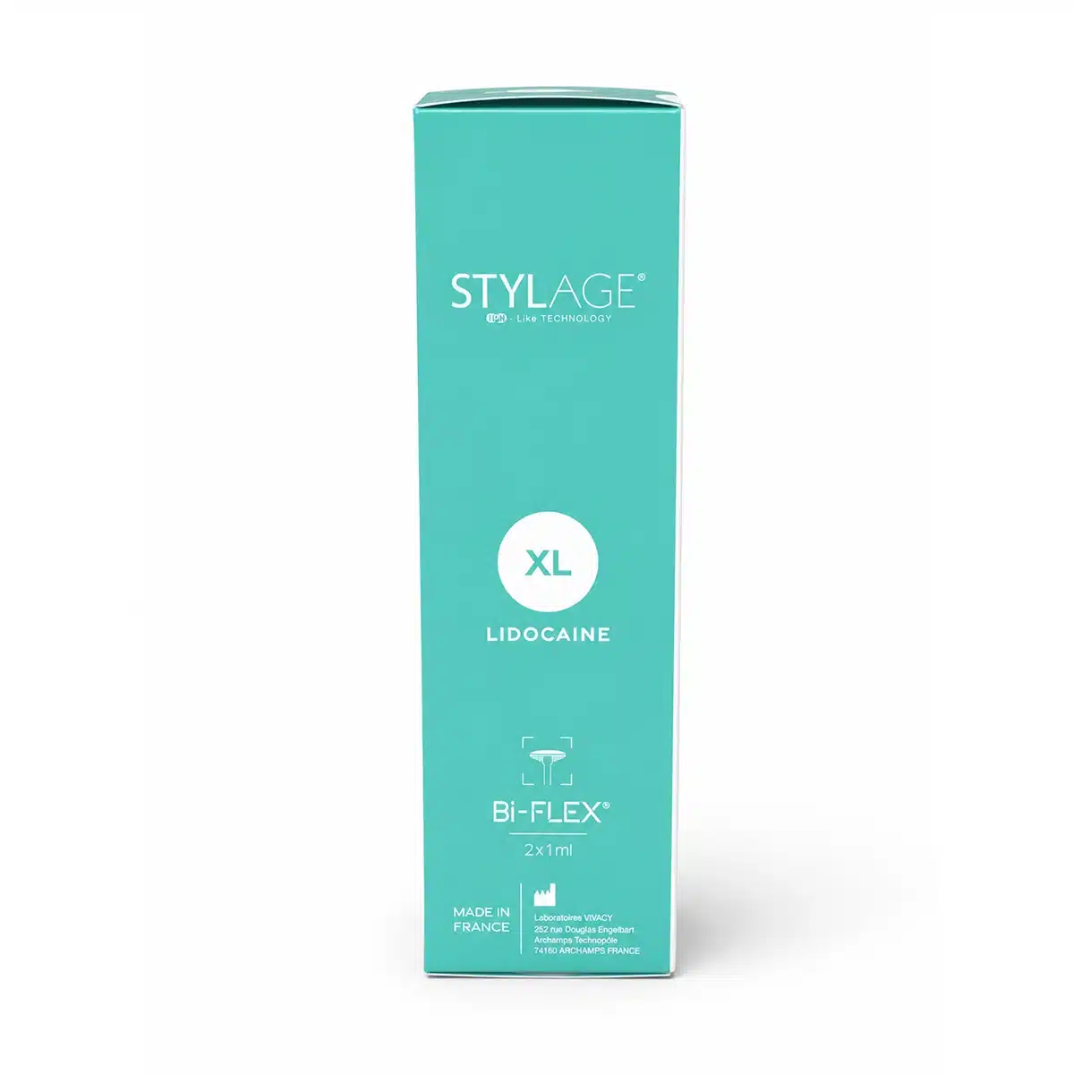 A teal box for STYLAGE XL lidocaine Bi-Flex dermal filler, made in France.