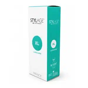 A white and teal box for Stylage XL Lidocaine Bi-Flex, 2x1ml dermal filler.